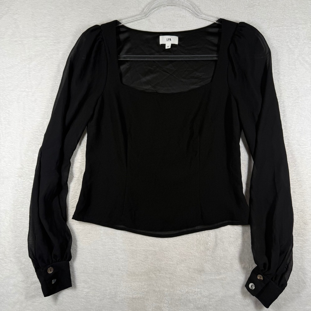 LPA Black Square Neck Sheer Puff Long Sleeve Blouse Top XS RN132829